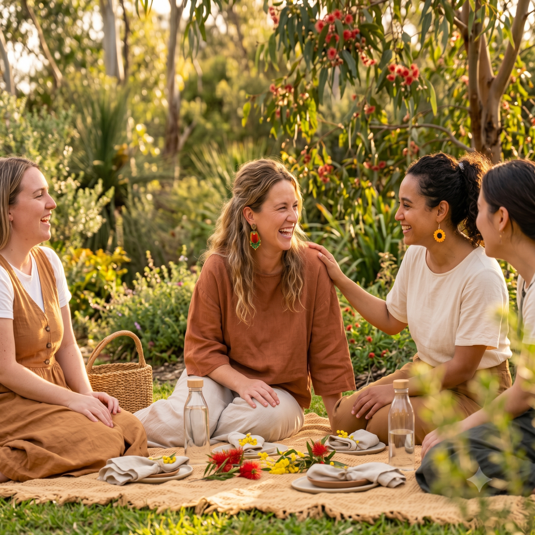Friends enjoying a spring picnic, wearing Aussie native floral earrings by Sunbaked Lizard
