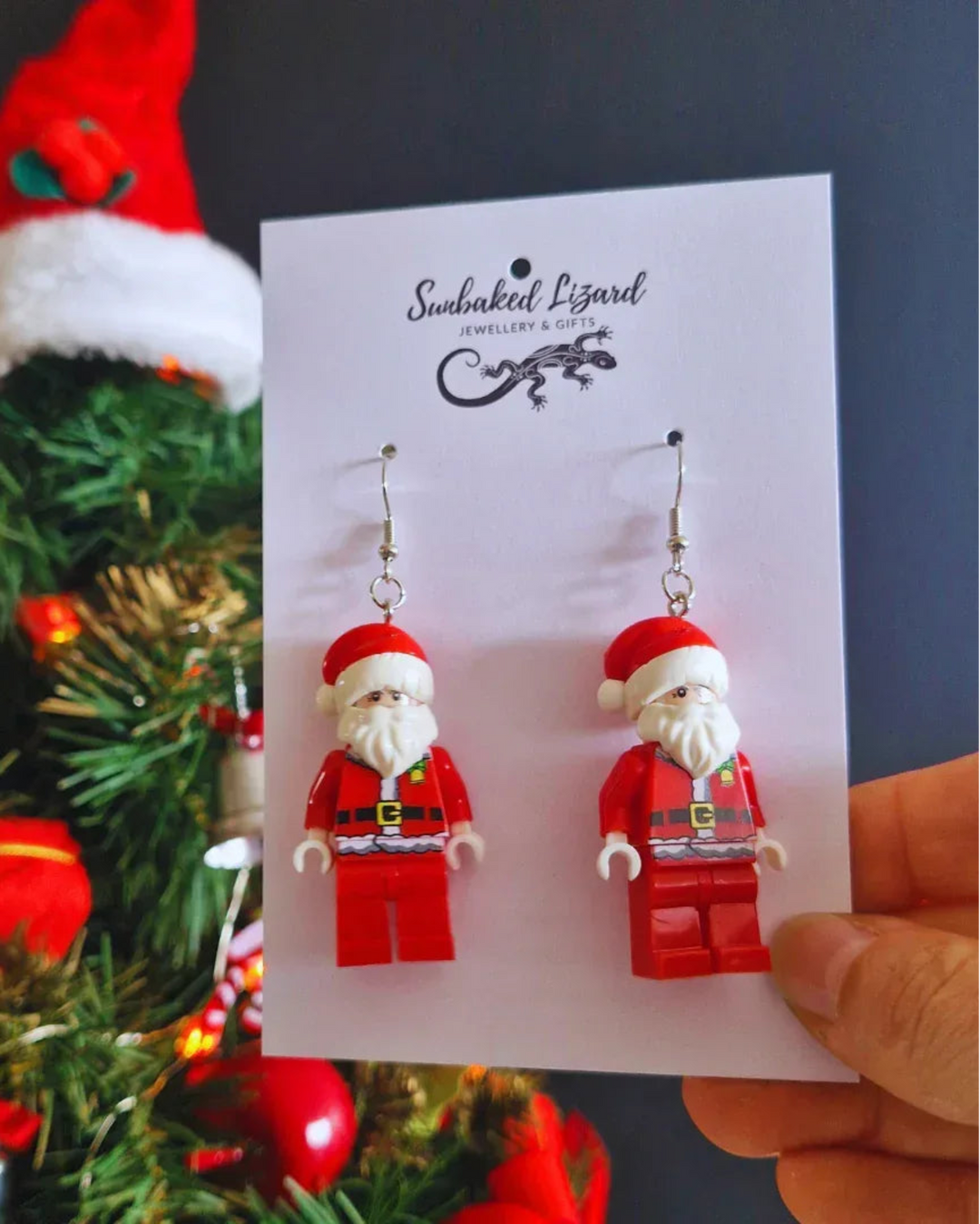 Block-style Santa Christmas earrings inspired by Lego figures