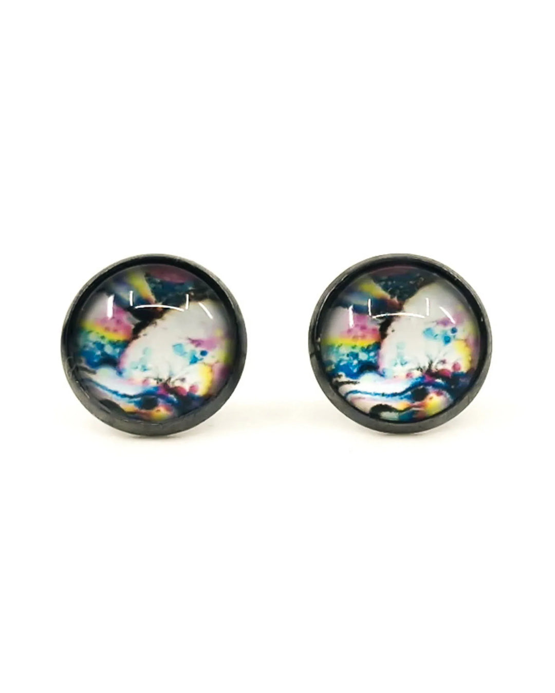 Abstract rainbow stud earrings with colourful curved design
