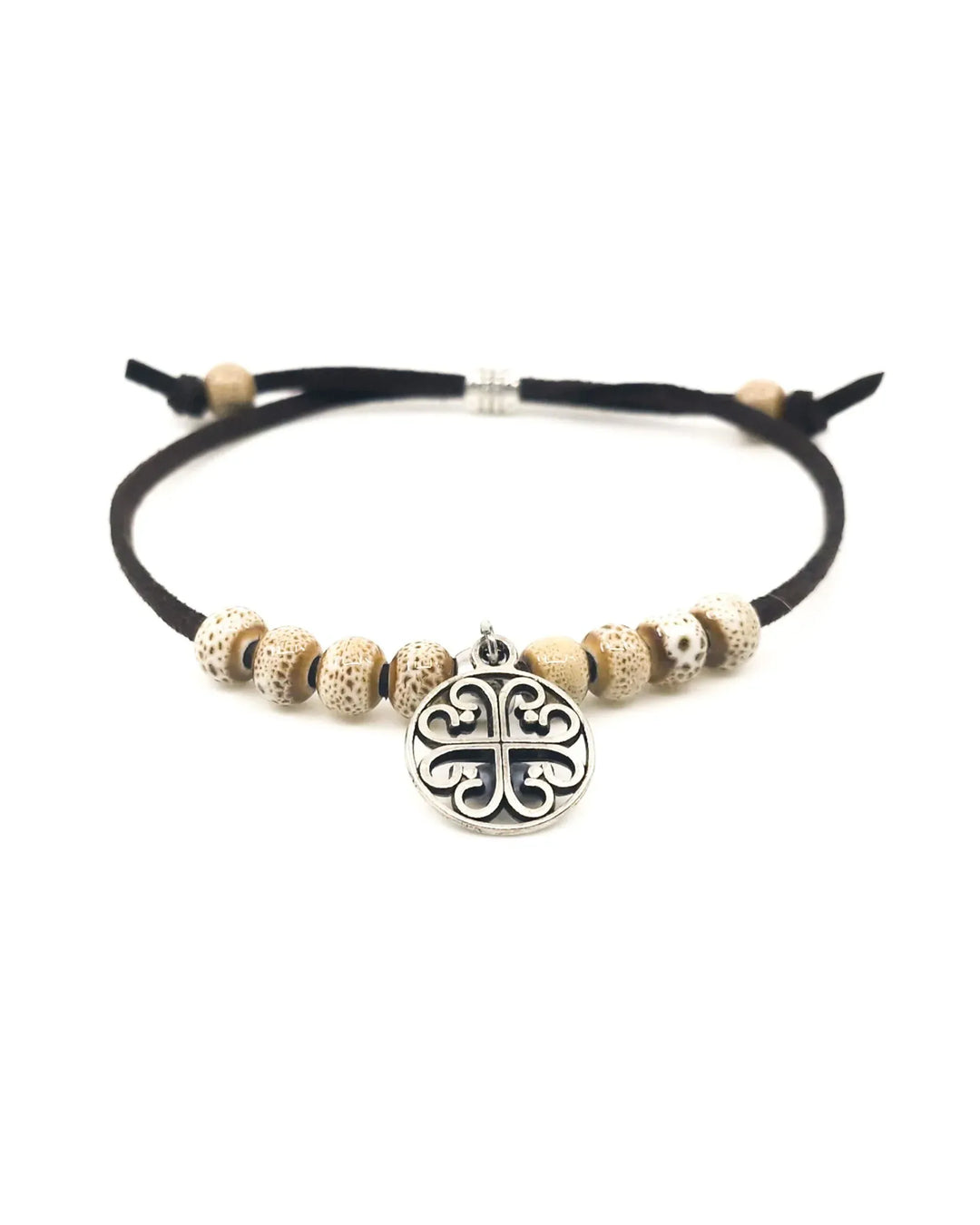 Brown Circle of Hearts charm bracelet with ceramic beads and heart charm