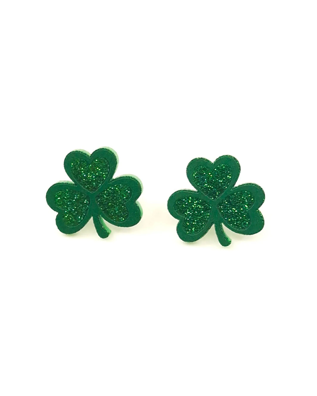 Green glitter shamrock stud earrings with three leaf clover design on white background