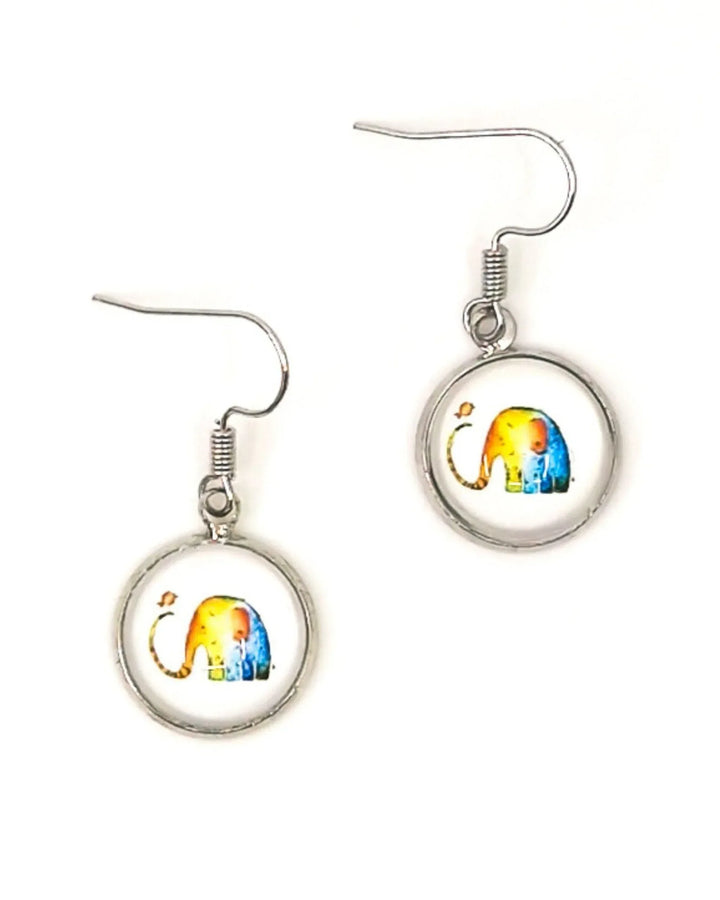Pair of Rainbow Elephant Cabochon Drop Earrings with silver-tone hooks on a white background