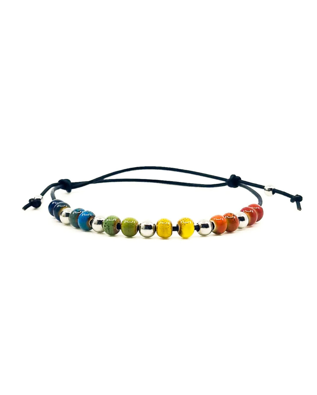Rainbow Pride anklet featuring colourful ceramic beads on black faux leather cord