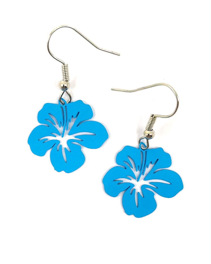 Blue filigree hibiscus drop earrings with floral cut-out detail on silver-tone hooks