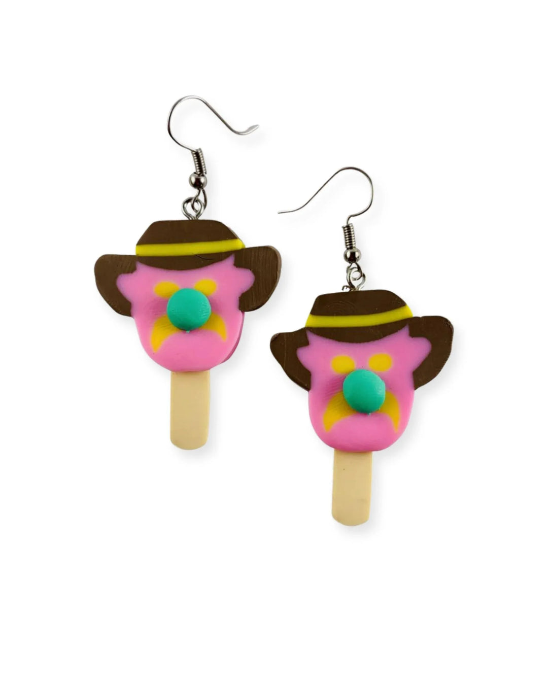 Bill ice cream drop earrings in pink and brown polymer clay with silver hooks
