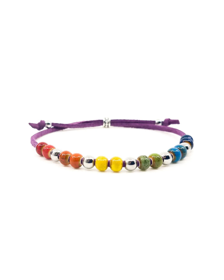 Rainbow Pride bracelet with colourful ceramic beads on adjustable faux leather cord