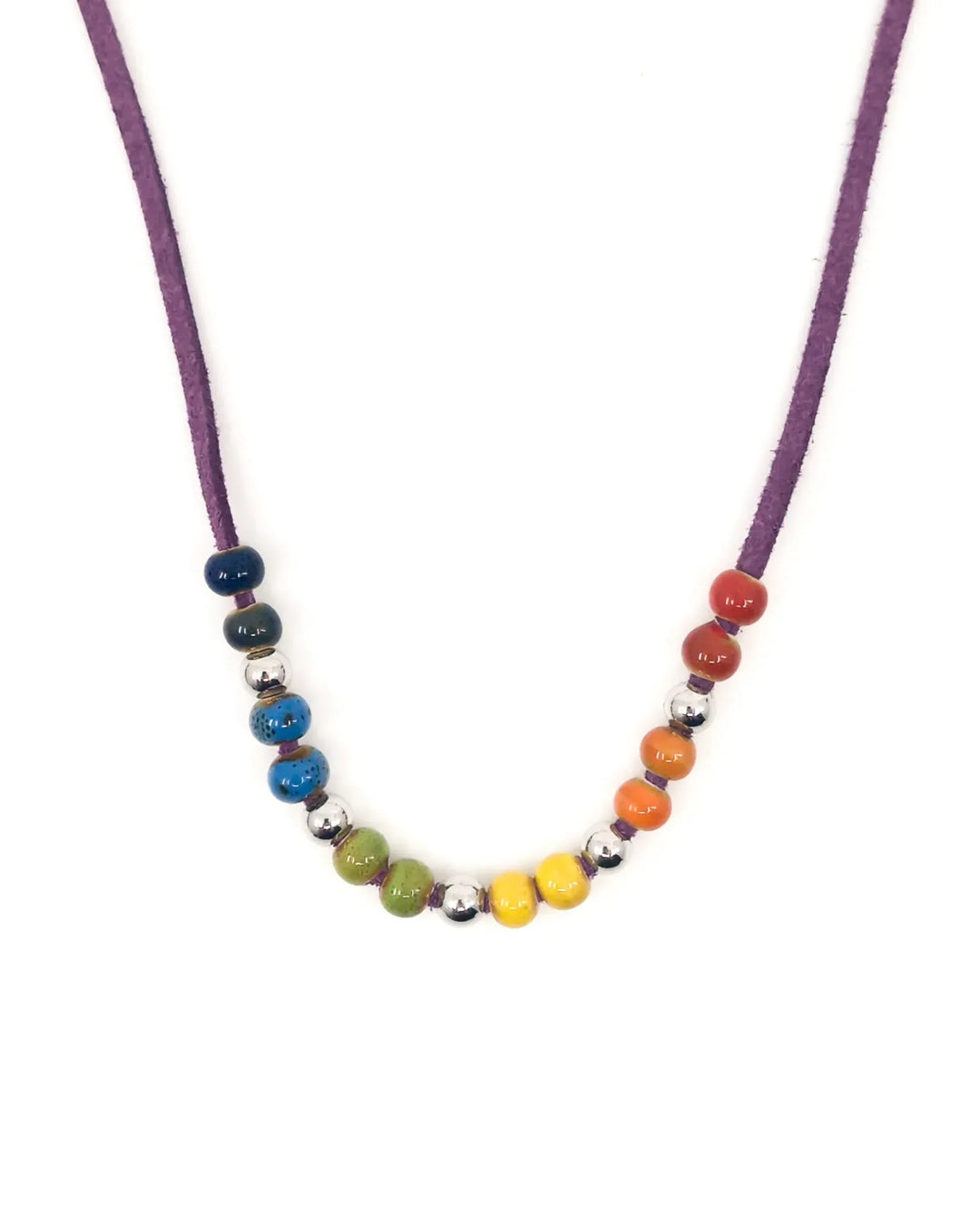 Rainbow Pride necklace with colourful ceramic beads on adjustable faux leather cord