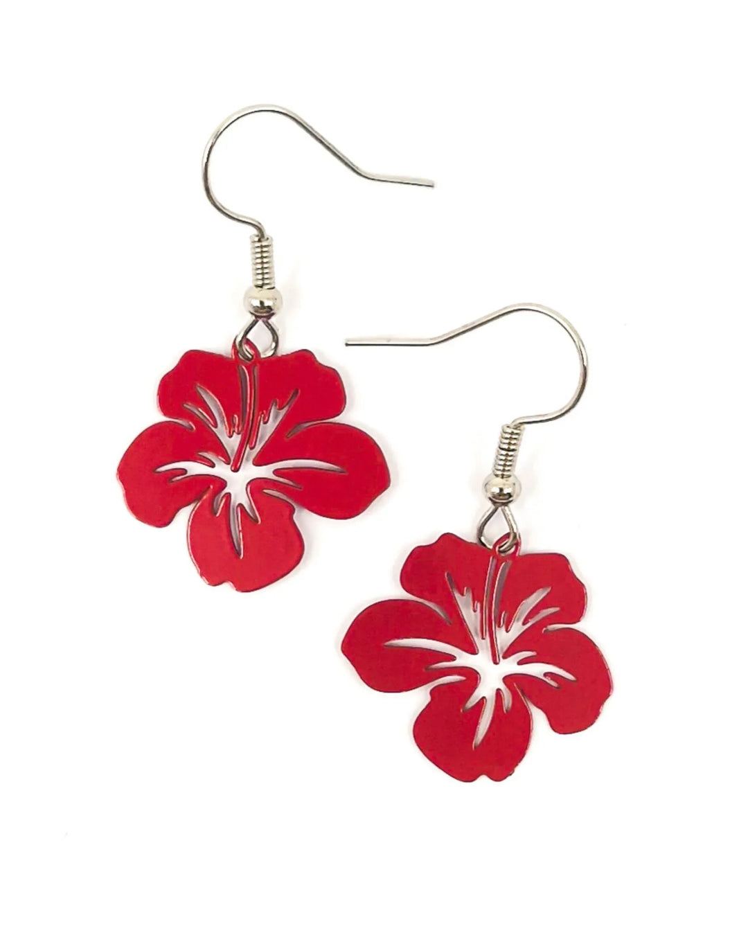 Red filigree hibiscus drop earrings featuring lightweight metal flower charms