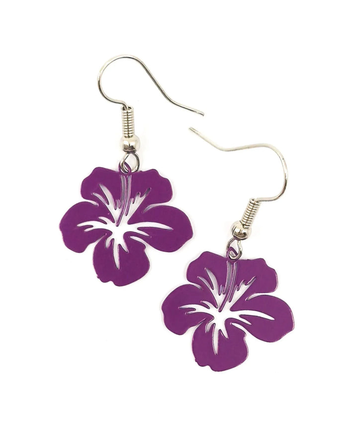 Purple filigree hibiscus earrings with delicate floral detailing and drop hooks