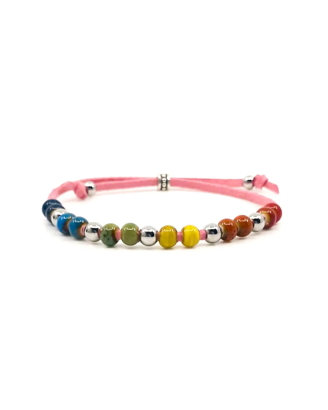 Rainbow Pride bracelet with colourful ceramic beads on adjustable faux leather cord