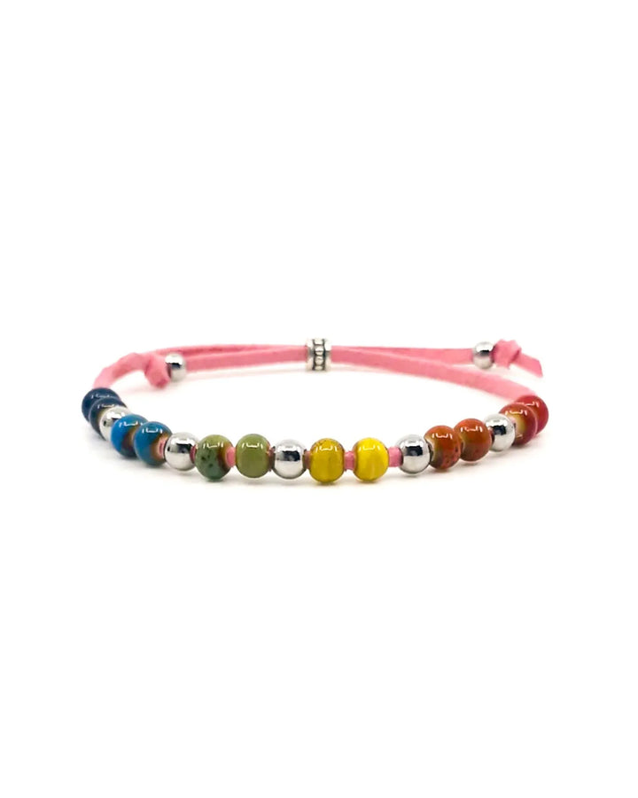 Rainbow Pride bracelet with colourful ceramic beads on adjustable faux leather cord