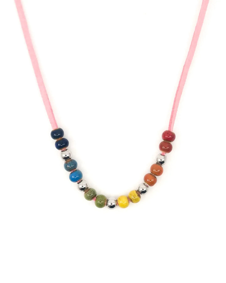 Rainbow Pride necklace with colourful ceramic beads on adjustable faux leather cord