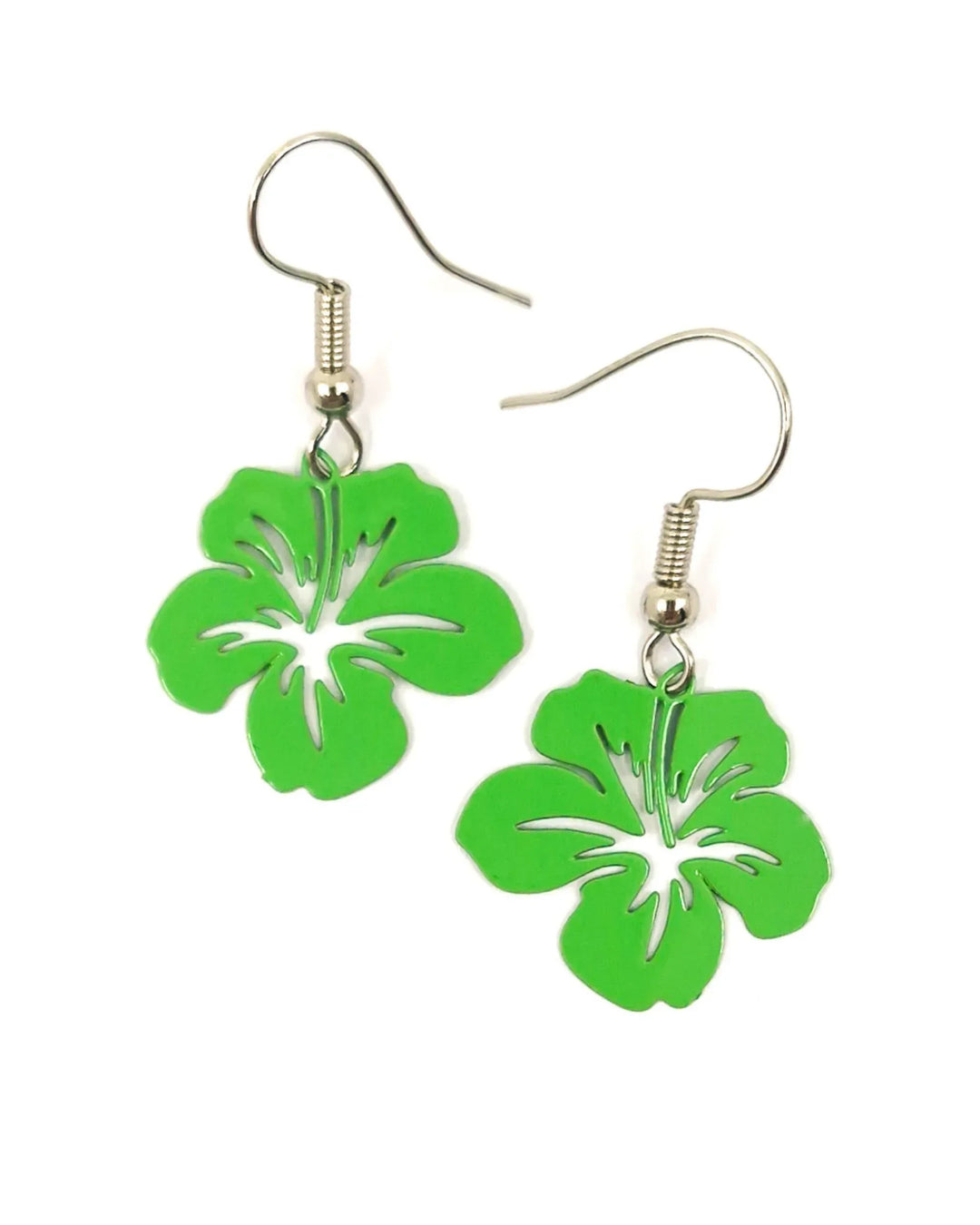 Green filigree hibiscus drop earrings with tropical flower design