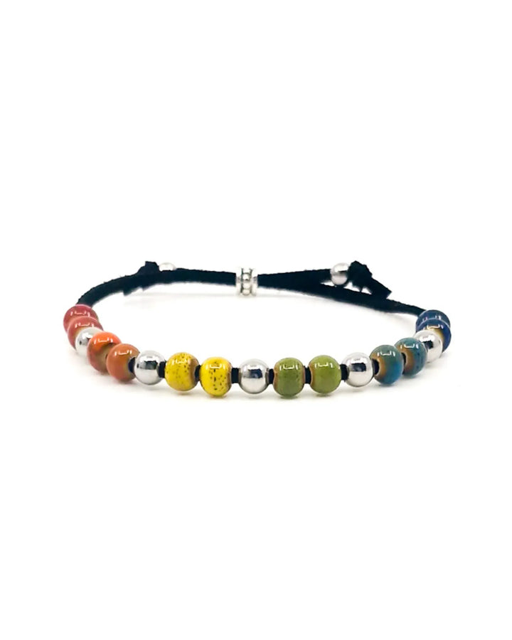 Rainbow Pride bracelet with colourful ceramic beads on adjustable faux leather cord