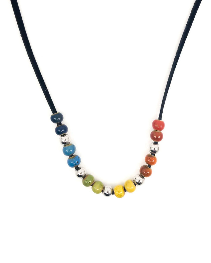 Rainbow Pride necklace with colourful ceramic beads on adjustable faux leather cord