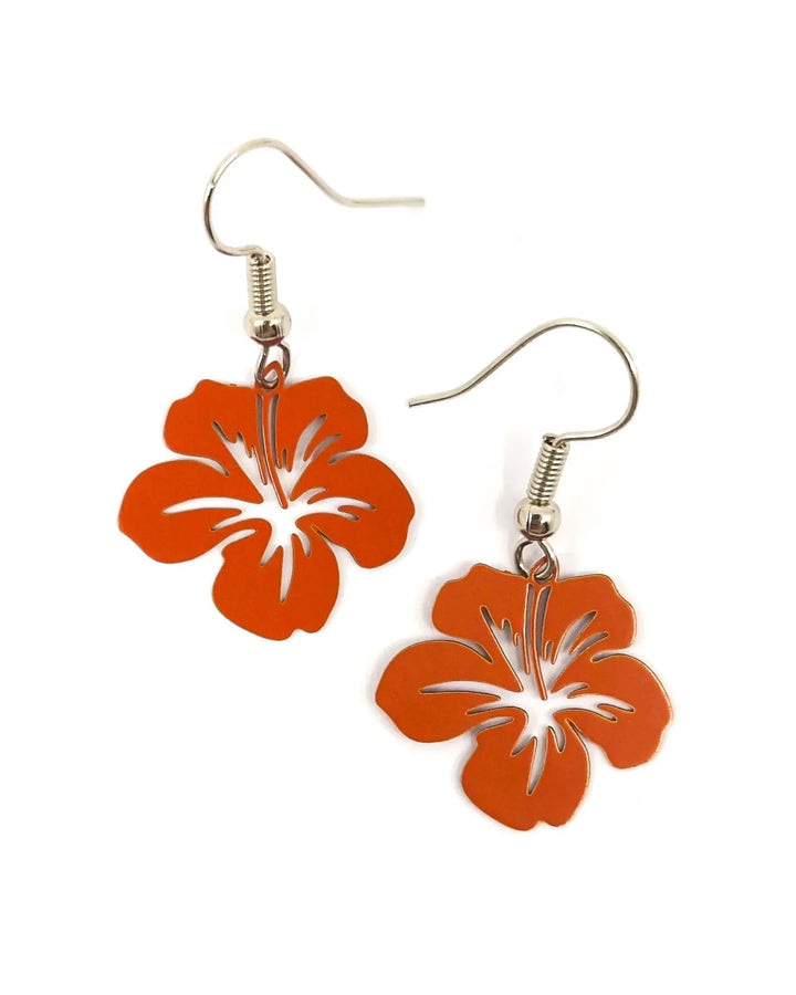 Orange filigree hibiscus earrings with bold tropical flower shape