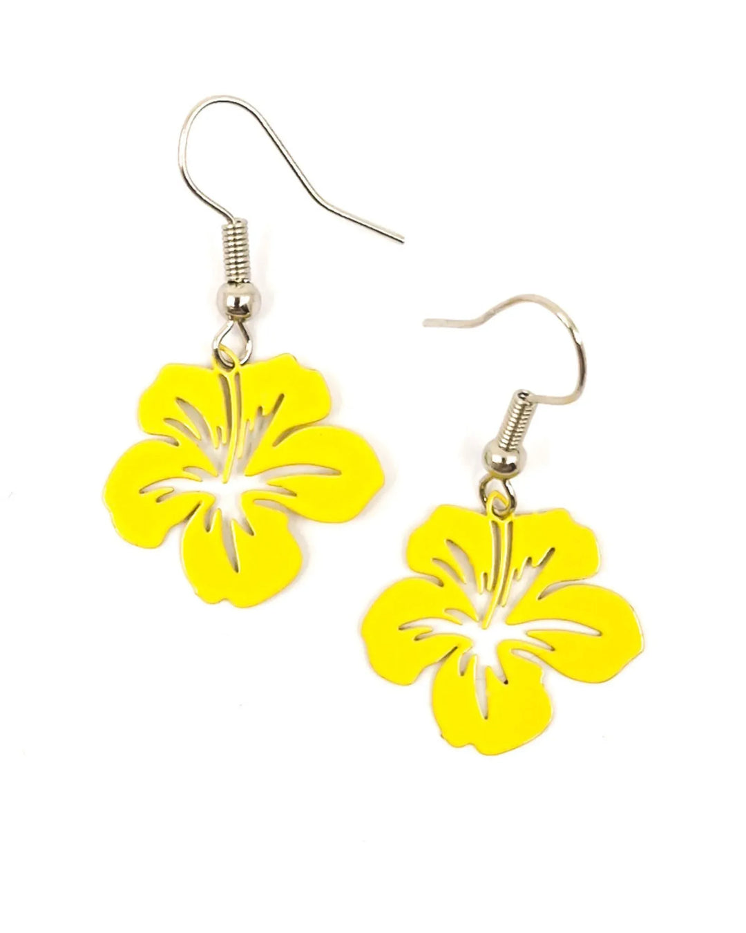 Yellow filigree hibiscus drop earrings with bright floral cut-out design