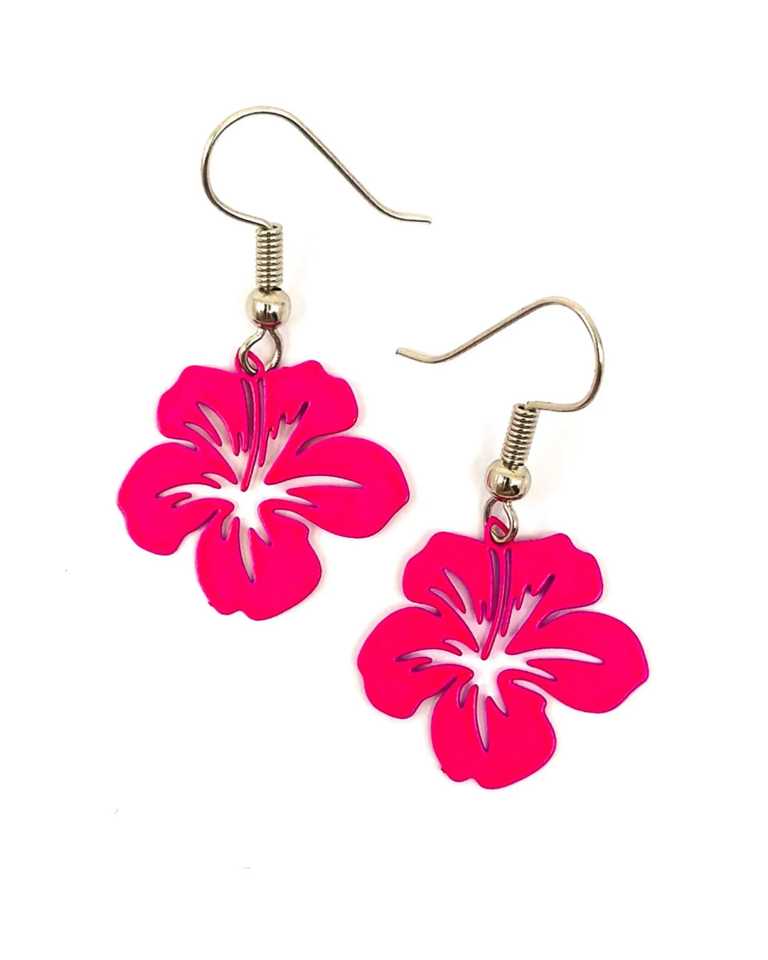 Pink filigree hibiscus drop earrings with bright floral cut-out design