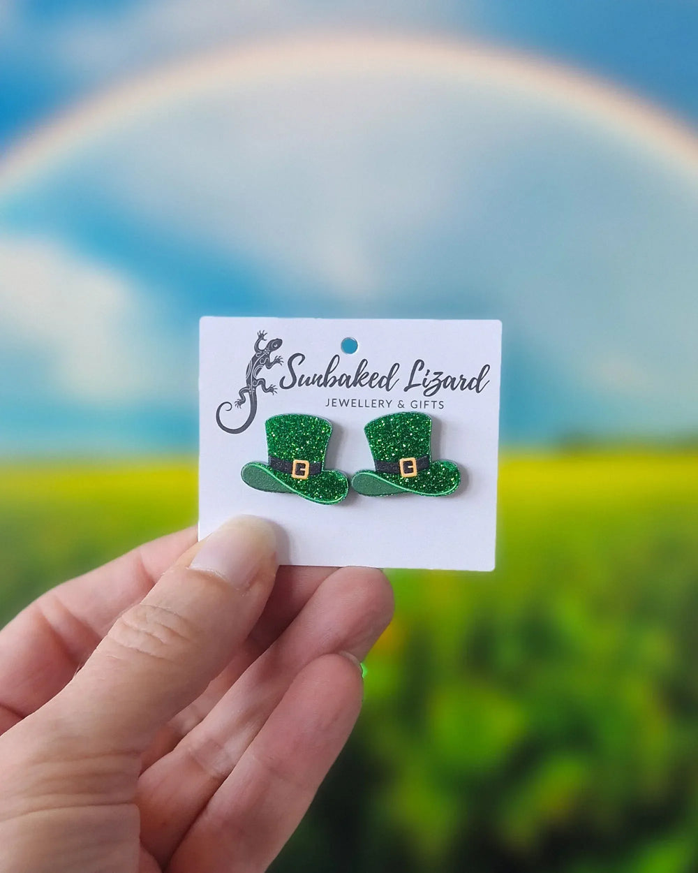 Leprechaun hat stud earrings displayed on Sunbaked Lizard card, showing festive St Patrick’s Day style