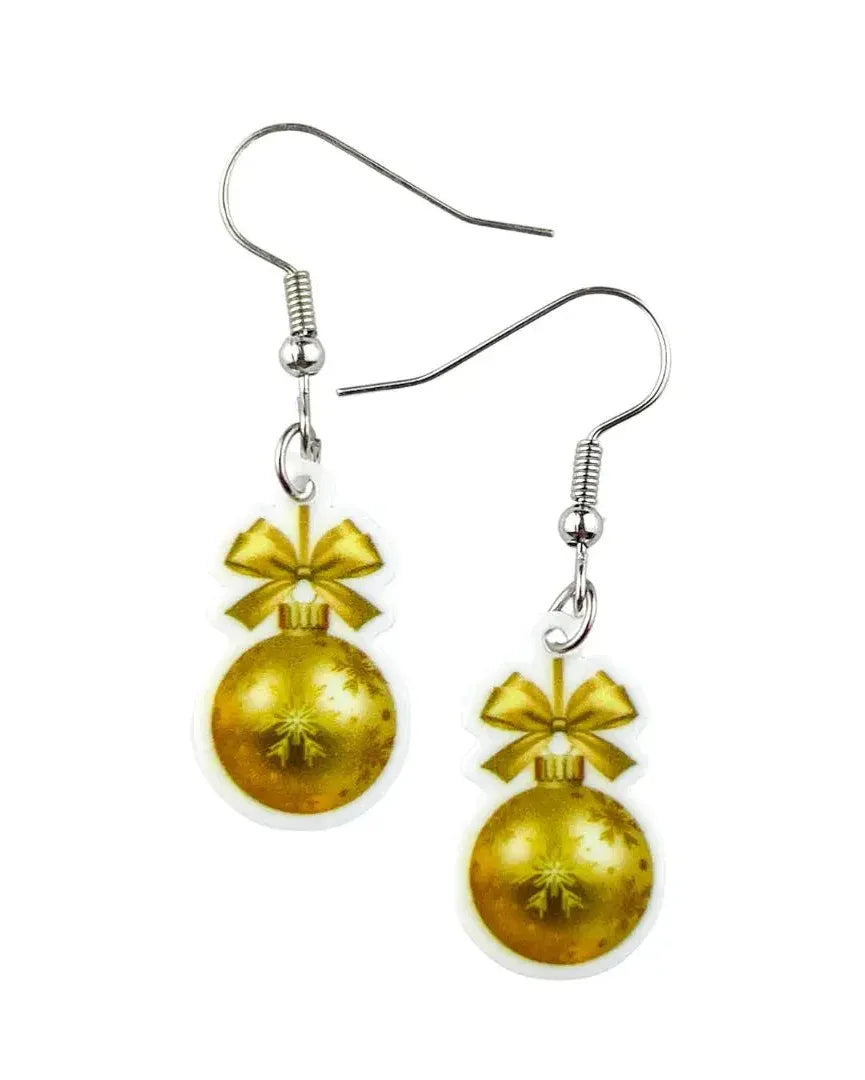 Gold Christmas Bauble Earrings - festive 2D acrylic drop earrings shaped like gold baubles with bows by Sunbaked Lizard.