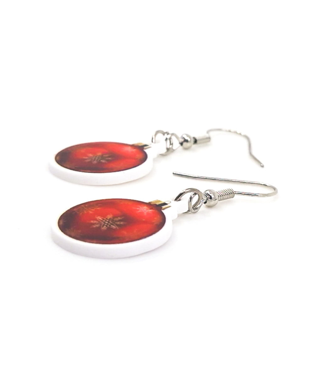 Close up of 2D Red Bauble Earrings showing detail