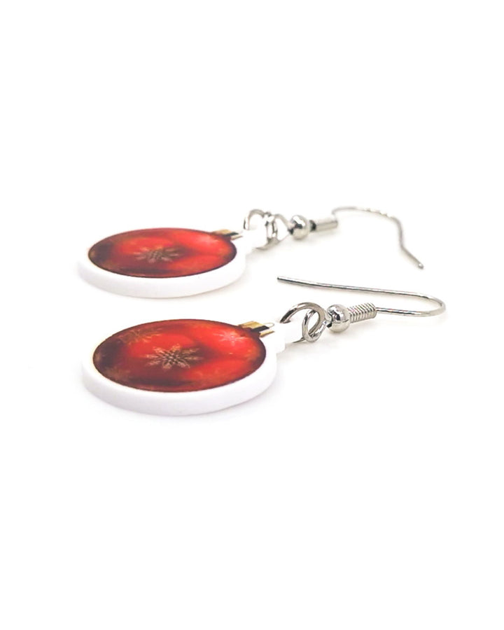 Close up of 2D Red Bauble Earrings showing detail