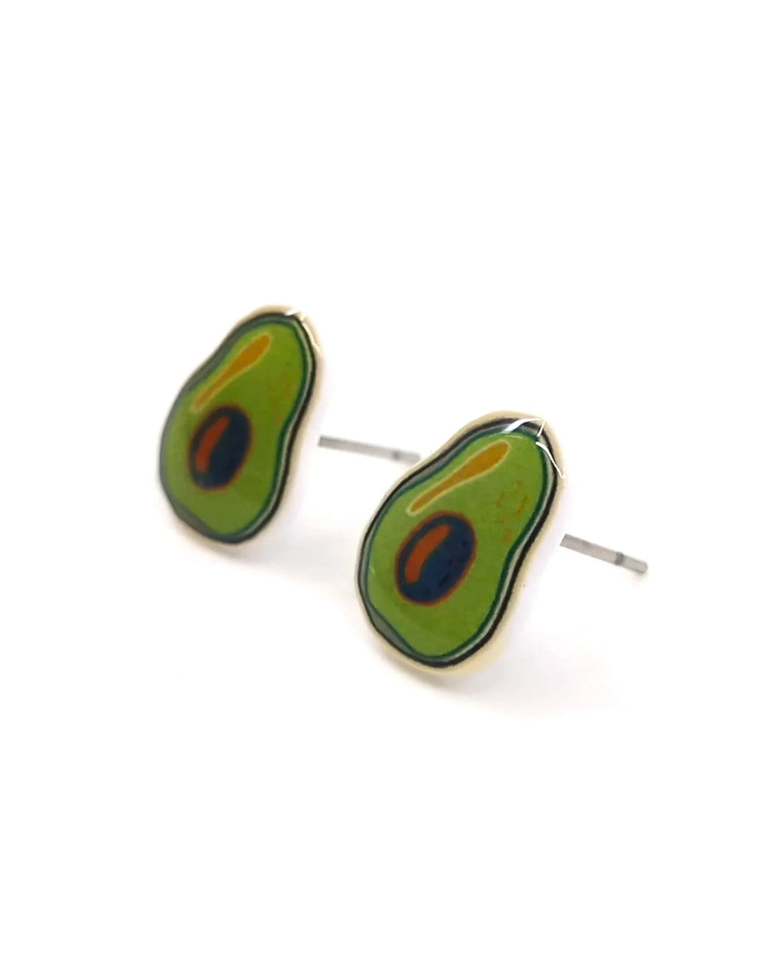 Side view of half cut avocado stud earrings with lightweight acrylic design and stainless steel posts.