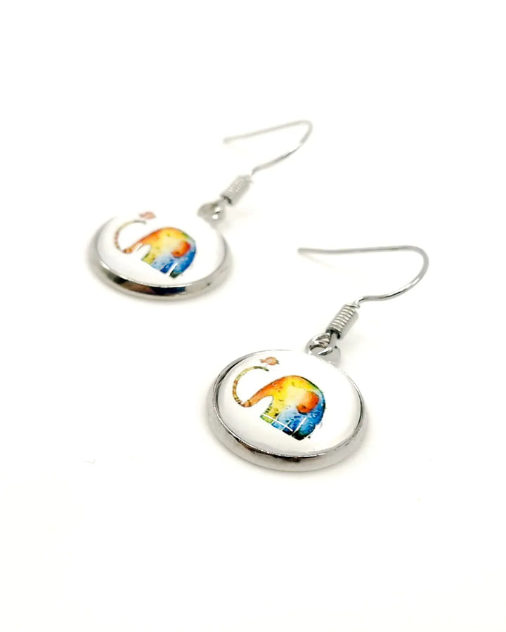 Close-up of Rainbow Elephant Cabochon Drop Earrings showing glass cabochon detail
