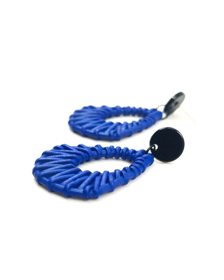 Navy blue acrylic woven stud drop earrings with black round stud top