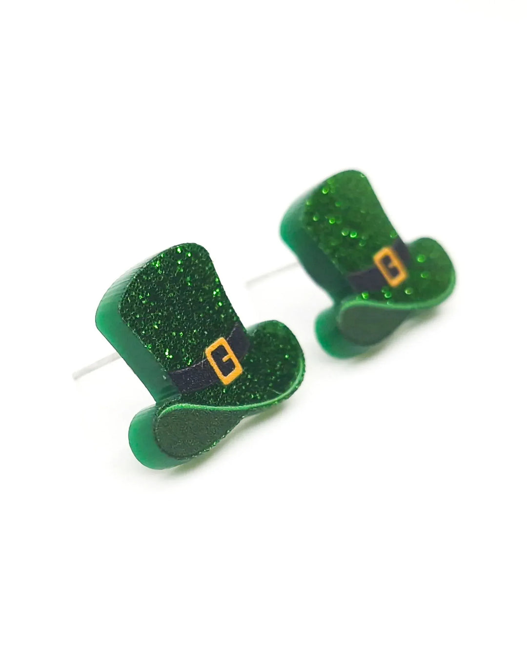 Side view of leprechaun hat stud earrings showing layered design and glitter finish
