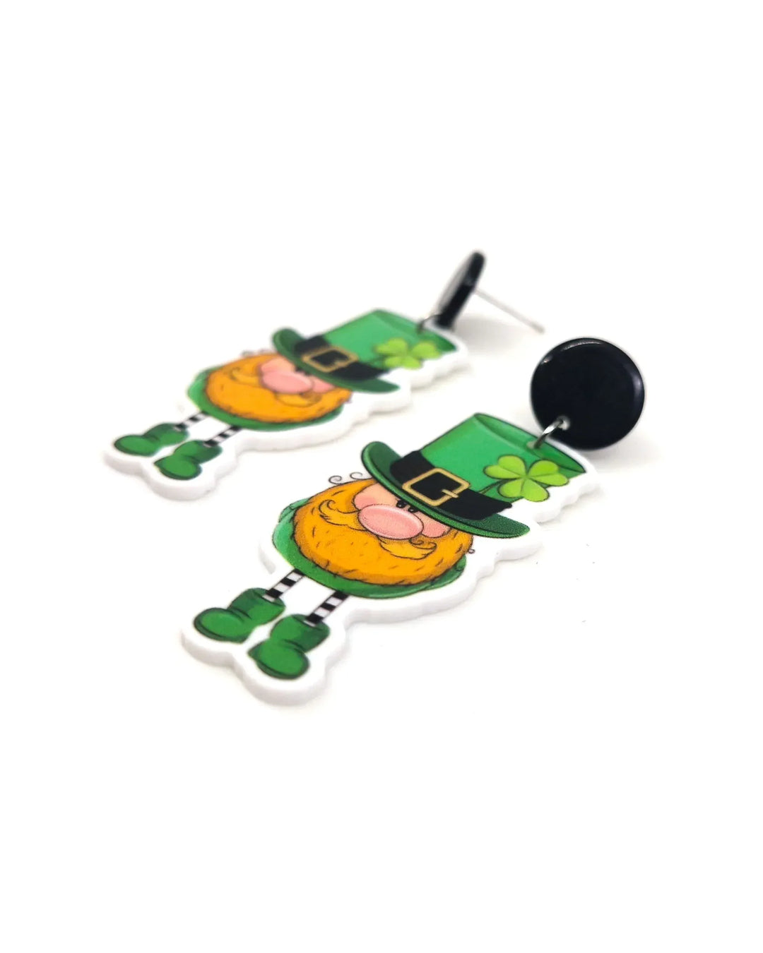 Side view of Lucky Leprechaun drop earrings showing layered acrylic and lightweight design