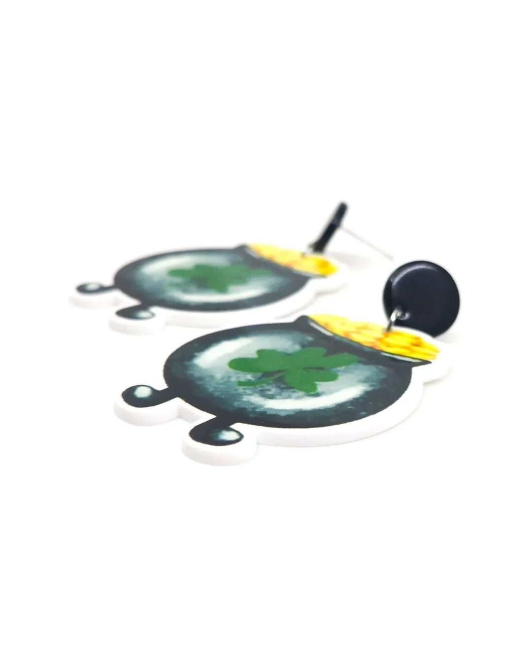 Side view of lucky pot of gold drop earrings showing layered acrylic and lightweight design