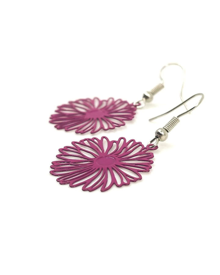 Angled close-up of pink filigree daisy drop earrings showing fine filigree flower pattern