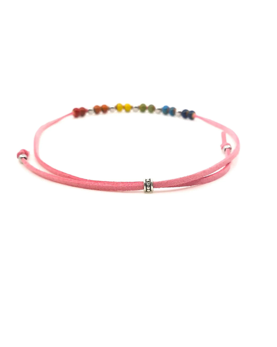 Close-up of rainbow ceramic beads on Rainbow Pride necklace