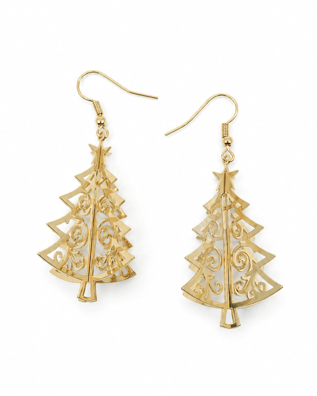 3D gold Christmas tree earrings with cut metal panels slotted crosswise and scrollwork branches