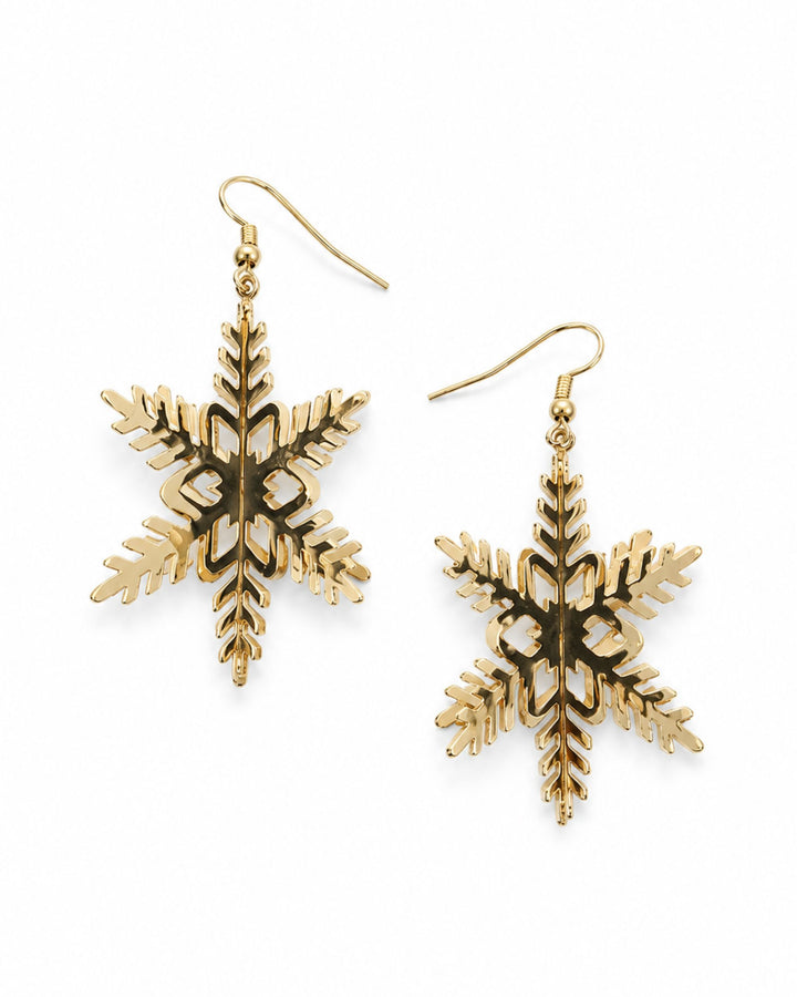 3D gold snowflake Christmas earrings with six notched arms and a cut pattern through the centre