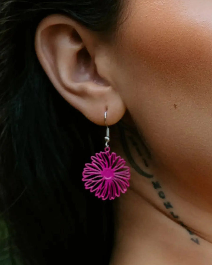 Close-up of filigree daisy drop earring worn on ear, showing size and drop length