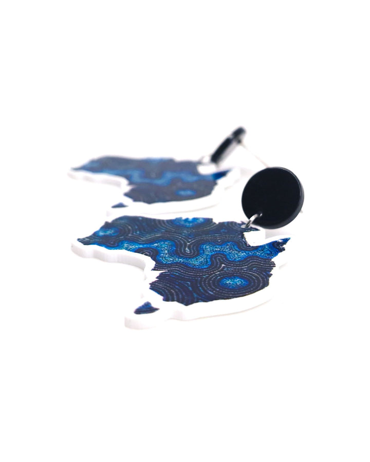 Blue Dreamscape Australia map earrings featuring swirling dot-style design on a white background showing detail