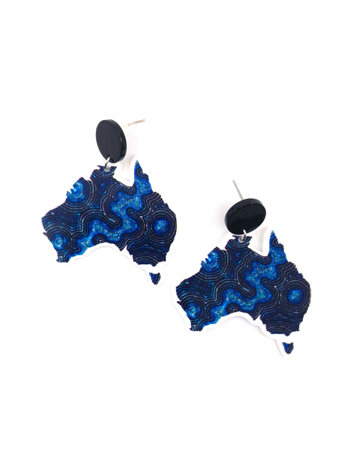 Navy Dreamscape Australia map earrings with dot-inspired pattern and black stud tops.” Sunbaked Lizard Jewellery &amp; Gifts
