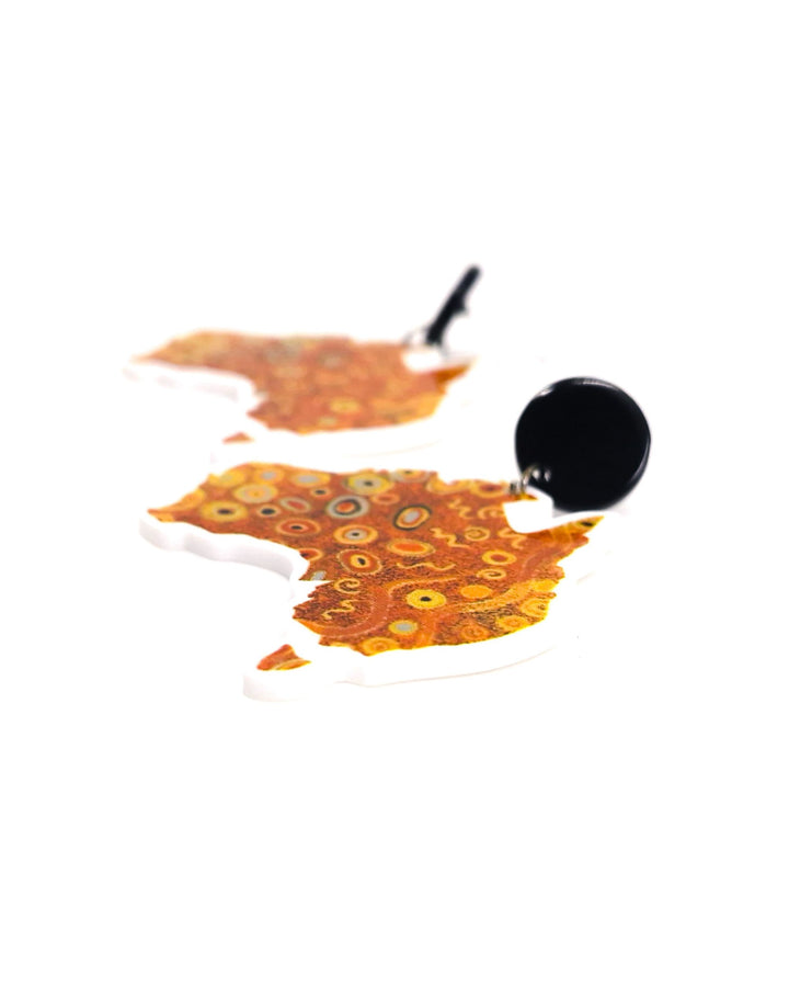 Blue Dreamscape Australia map earrings featuring swirling dot-style design on a white background showing detail