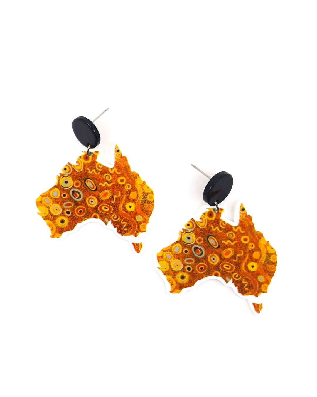 Orange Dreamscape Australia map earrings featuring swirling dot-style design.” Sunbaked Lizard Jewellery &amp; Gifts