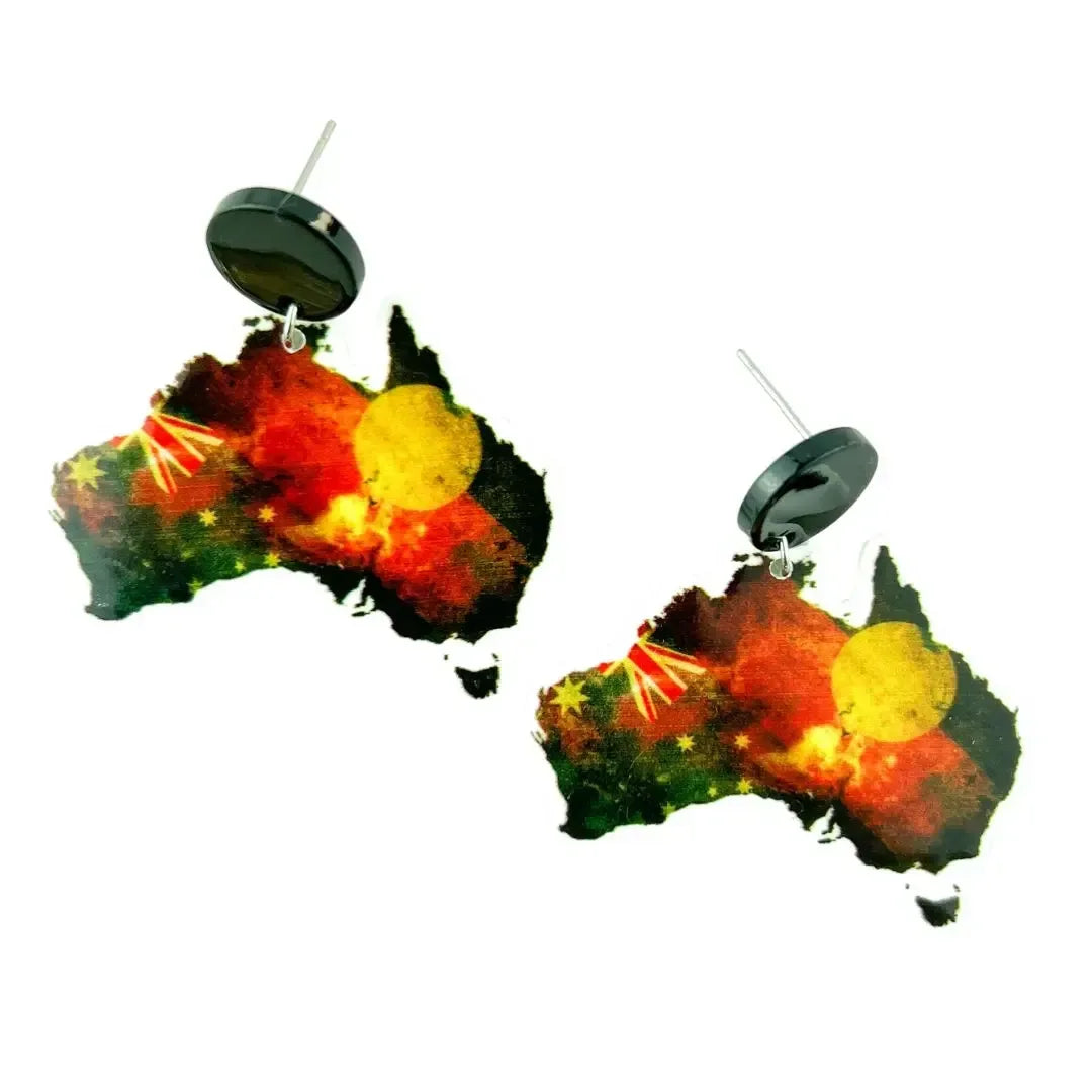 Australia map earrings featuring Indigenous inspired colours and Australian flag elements on stainless steel studs.”