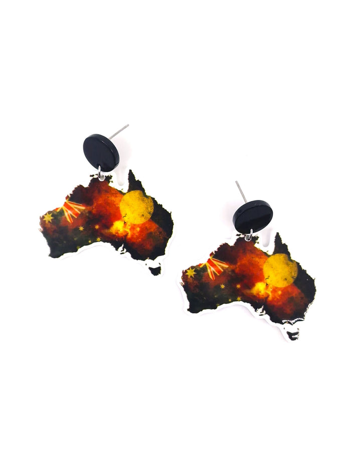 Australia map earrings featuring Indigenous inspired colours and Australian flag elements on stainless steel studs.”