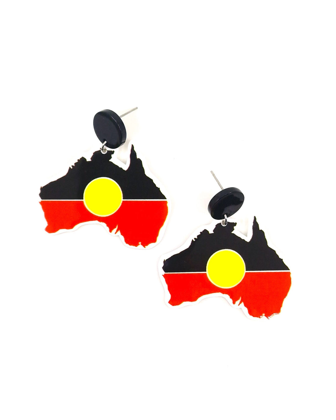 Australia map earrings with Indigenous inspired black, red and yellow colour design and black acrylic stud tops.