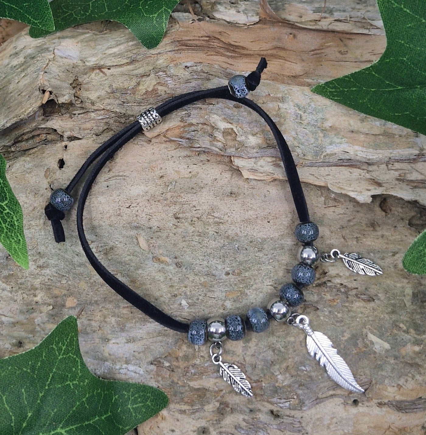 Beaded Feather Charm Bracelet - Grey Sunbaked Lizard Jewellery & Gifts