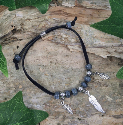 Beaded Feather Charm Bracelet - Grey Sunbaked Lizard Jewellery & Gifts
