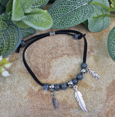 Beaded Feather Charm Bracelet - Grey Sunbaked Lizard Jewellery & Gifts