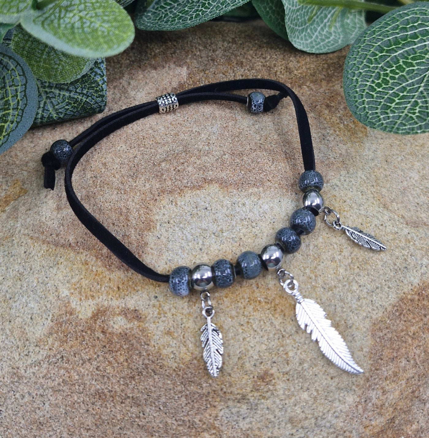 Beaded Feather Charm Bracelet - Grey Sunbaked Lizard Jewellery & Gifts