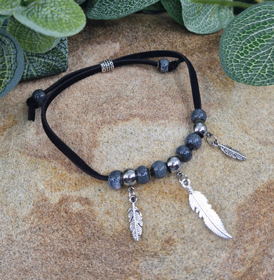 Beaded Feather Charm Bracelet - Grey Sunbaked Lizard Jewellery & Gifts