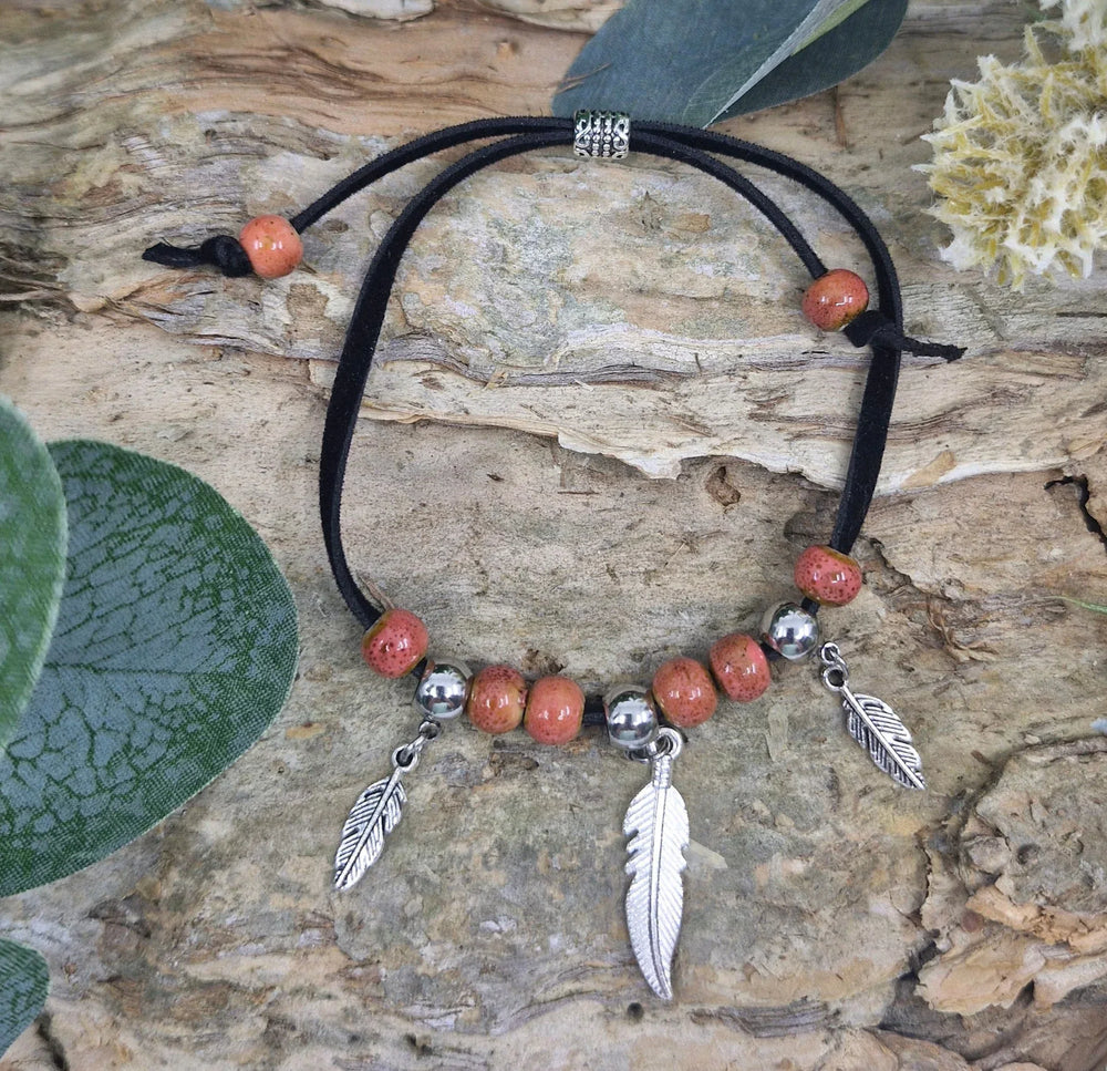 Beaded Feather Charm Bracelet - Pink Sunbaked Lizard Jewellery & Gifts